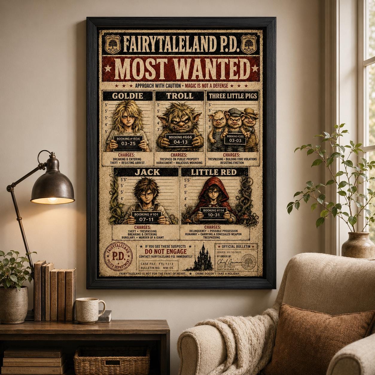 FairyTaleLand P.D. Most Wanted Poster, Funny Fairy Tale Mugshot Wall Art, Dark Storybook Police Bulletin
