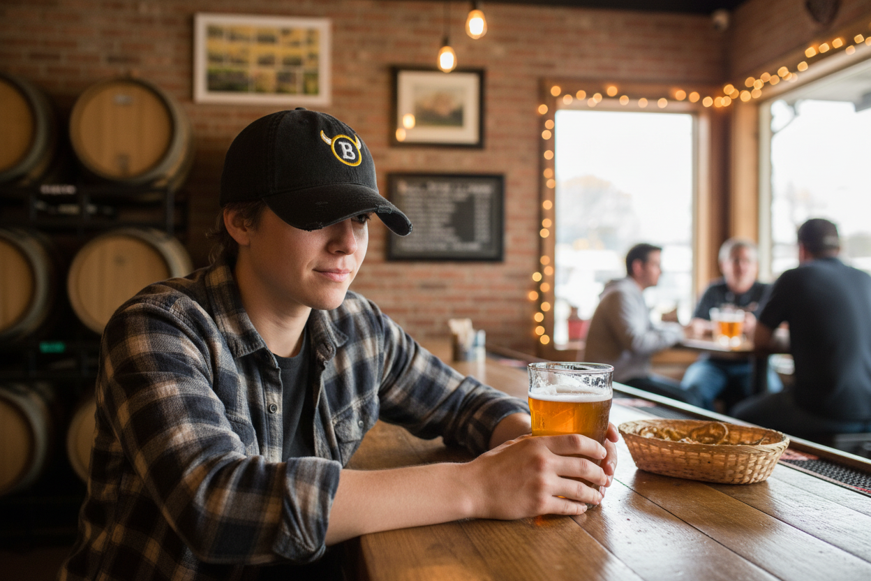 Person wearing Horned B black distressed dad hat sitting at a local brewery