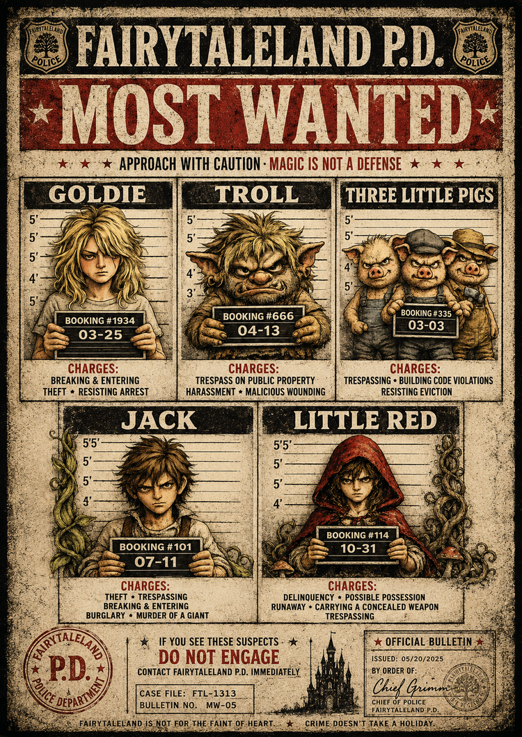 FairyTaleLand P.D. Most Wanted Poster – Fairy Tale Mugshot Collection by BabyBull