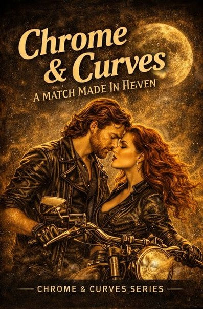 The image is a poster for the "Chrome & Curves" book series, featuring a couple embracing on a motorcycle against a backdrop of a full moon.
