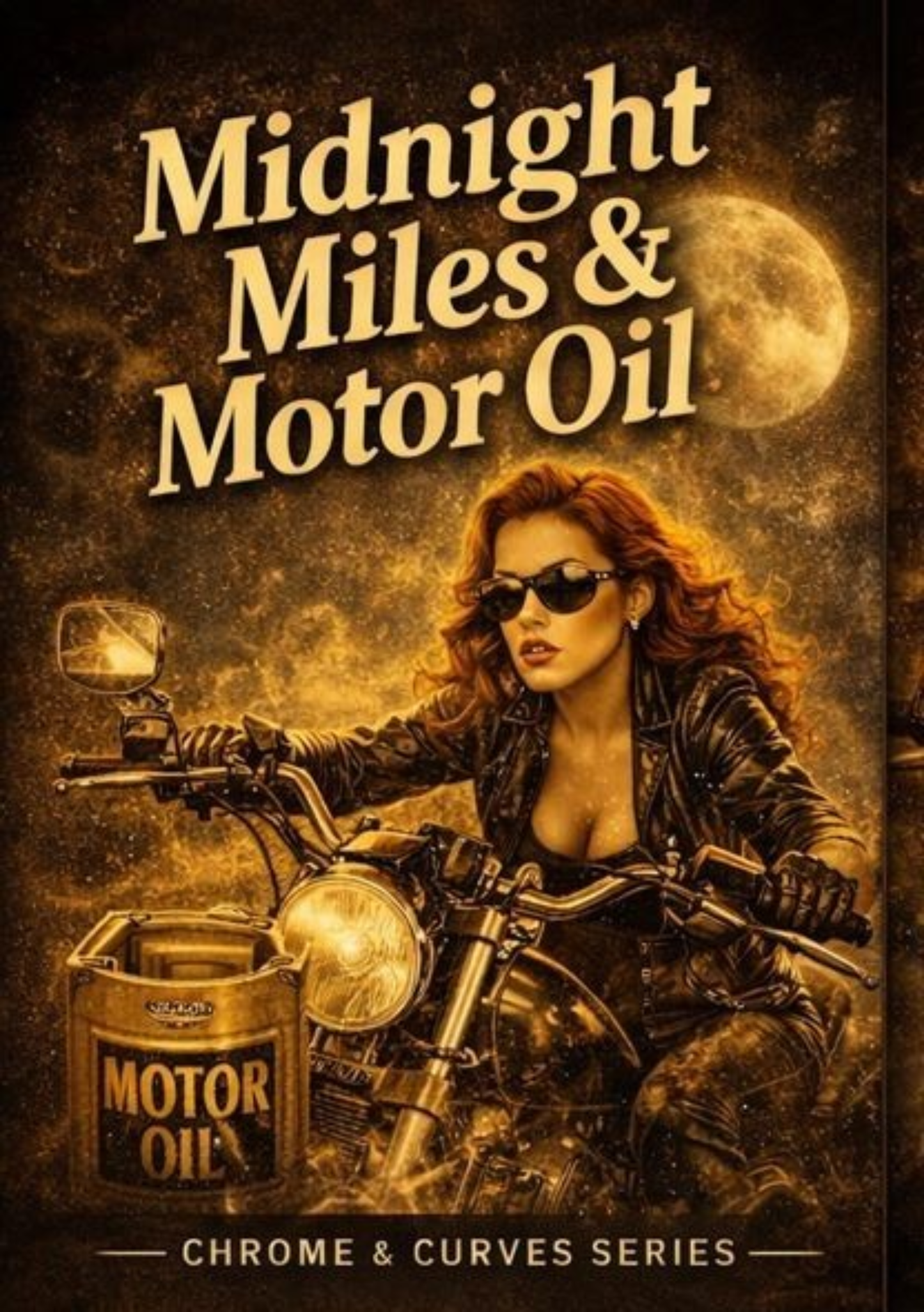 The image is a poster for a book titled "Midnight Miles & Motor Oil" from the Chrome & Curves series. The poster features a woman riding a motorcycle with a can of motor oil on the seat.