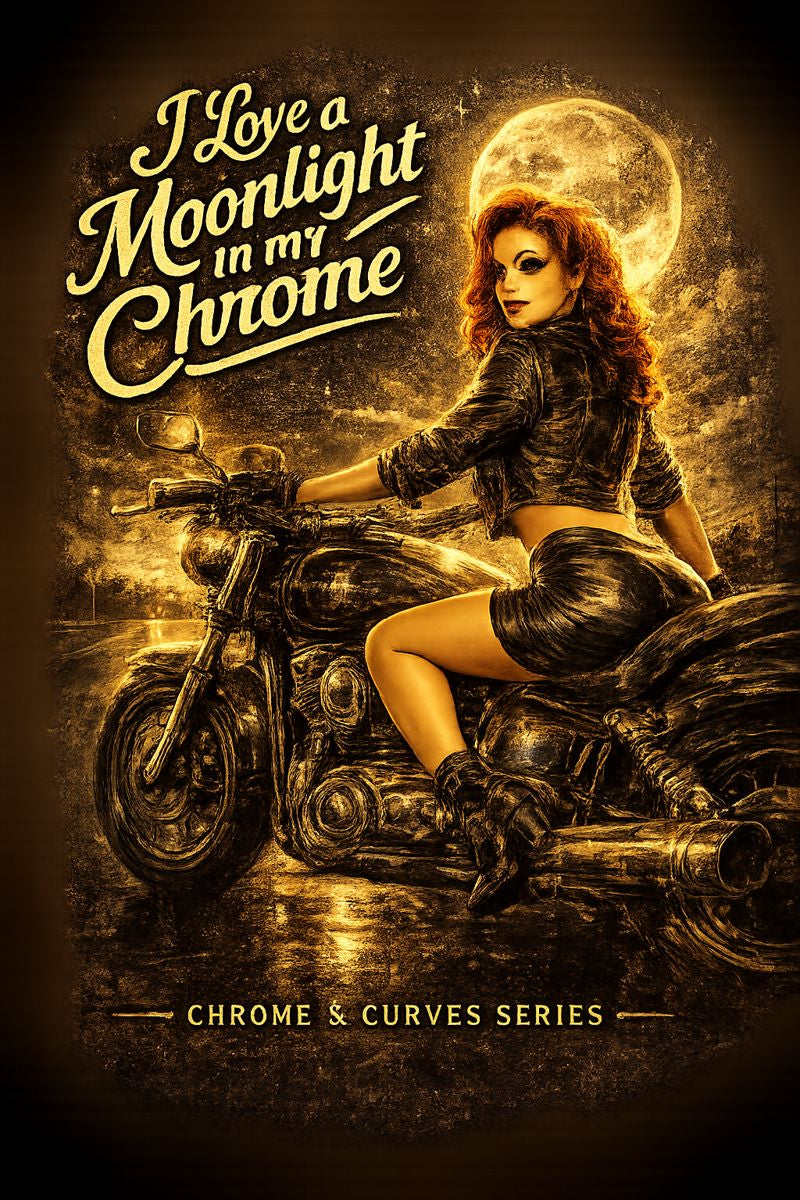 The image is a poster for the Chrome & Curves series, featuring a woman sitting on a motorcycle under a full moon.
