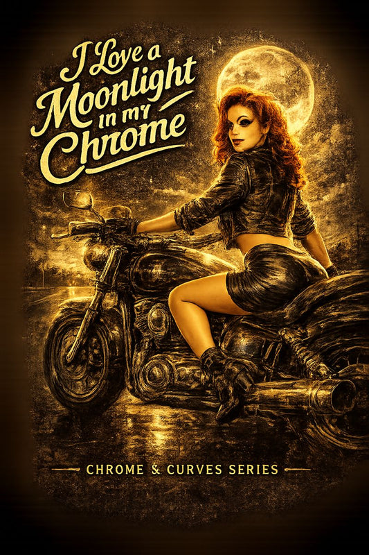 The image is a poster for the Chrome & Curves series, featuring a woman sitting on a motorcycle under a full moon.