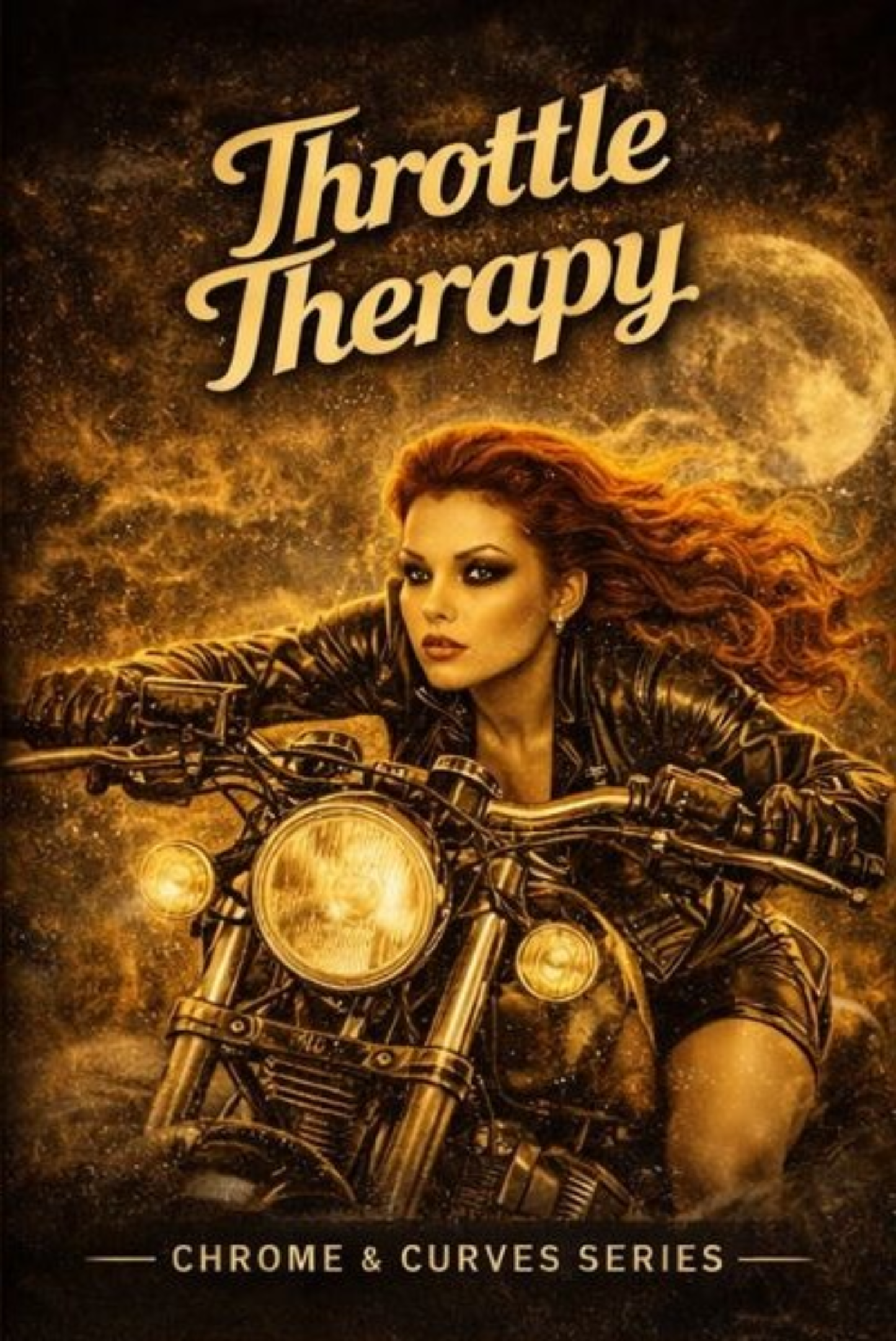 The image is a poster for a book titled "Throttle Therapy" from the Chrome & Curves series. The poster features a woman riding a motorcycle with a large moon in the background.