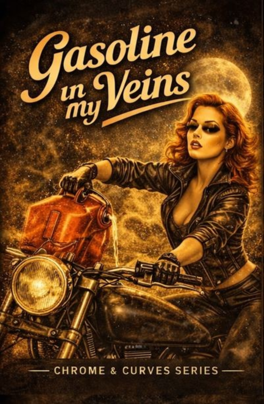 The image is a poster for the Chrome & Curves series, featuring a woman riding a motorcycle with a gas tank on the back.