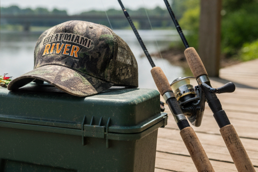 Great Miami River Camo Fishing Hat – Embroidered Ohio Angler Cap, Fisherman Gift