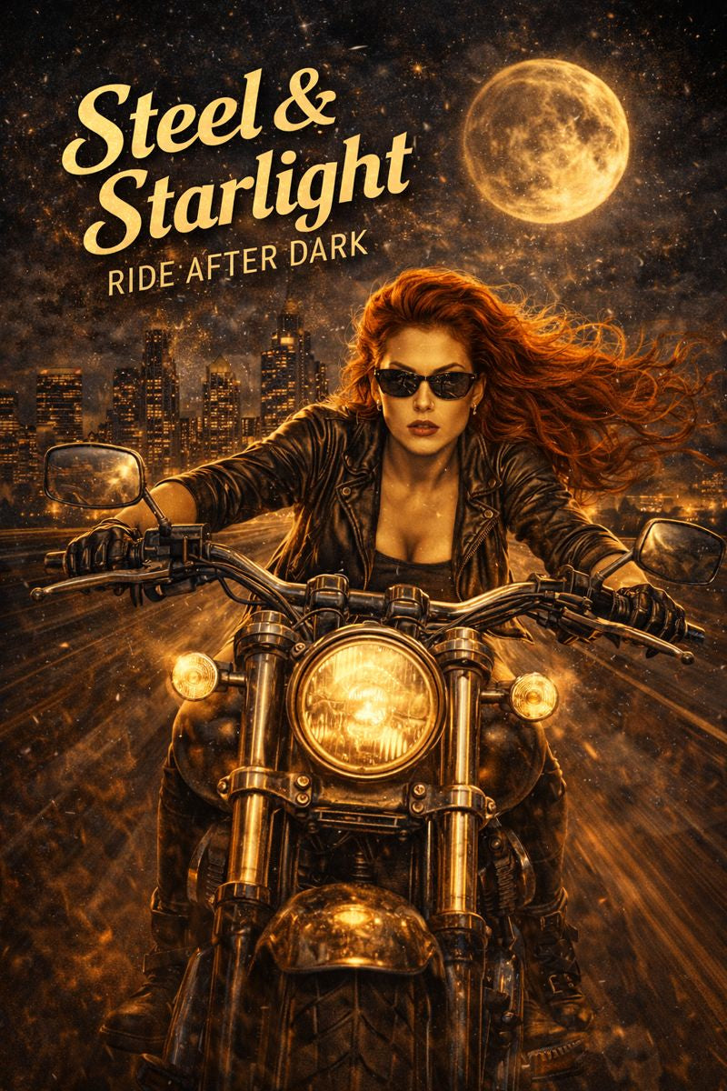 a woman riding a motorcycle under a full moon, with a city skyline in the background.