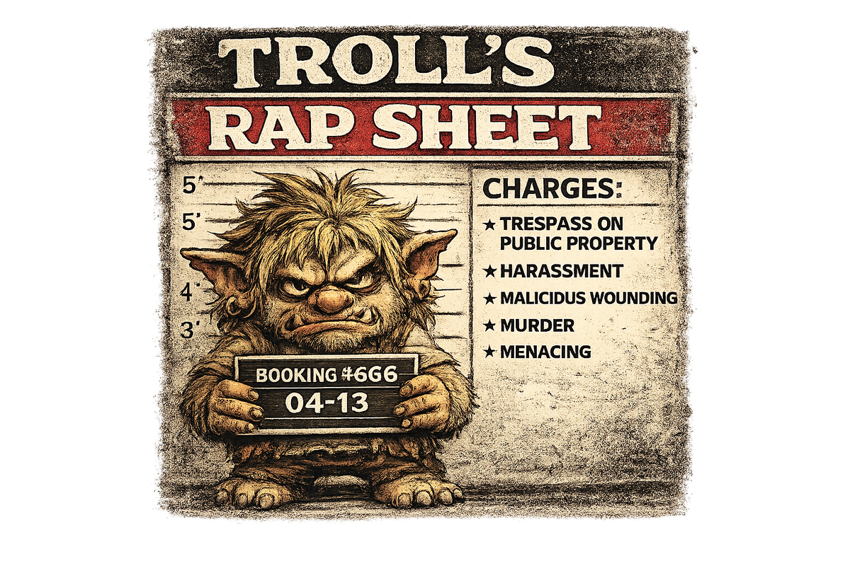 Troll’s Rap Sheet Printable Wall Art | Funny Dark Humor Download | Monster Mugshot Sign