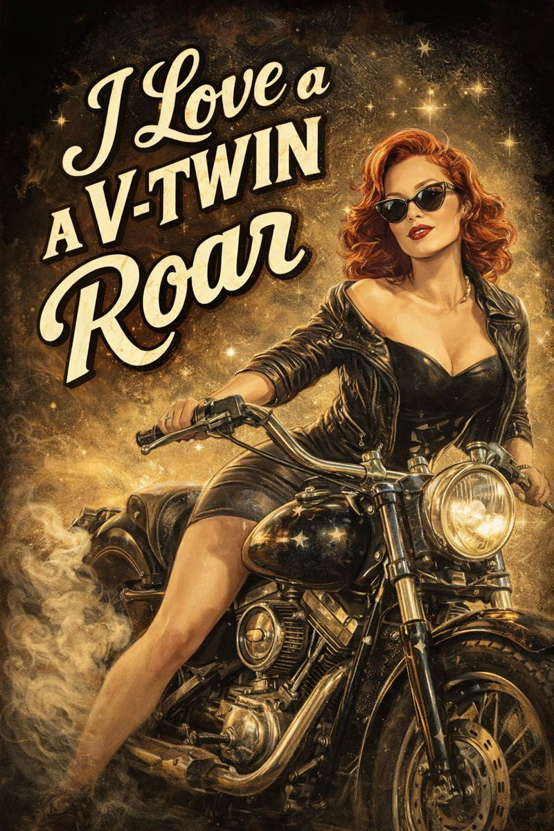 A woman with red hair and sunglasses is sitting on a motorcycle, wearing a leather jacket and posing confidently.