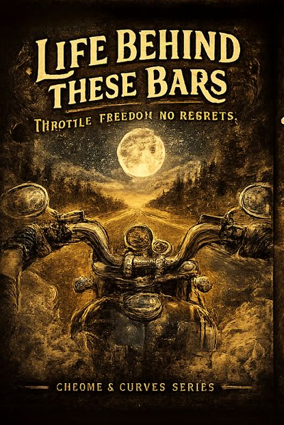 The image is a poster for a motorcycle-themed book or series, featuring a large motorcycle with a moon in the background.