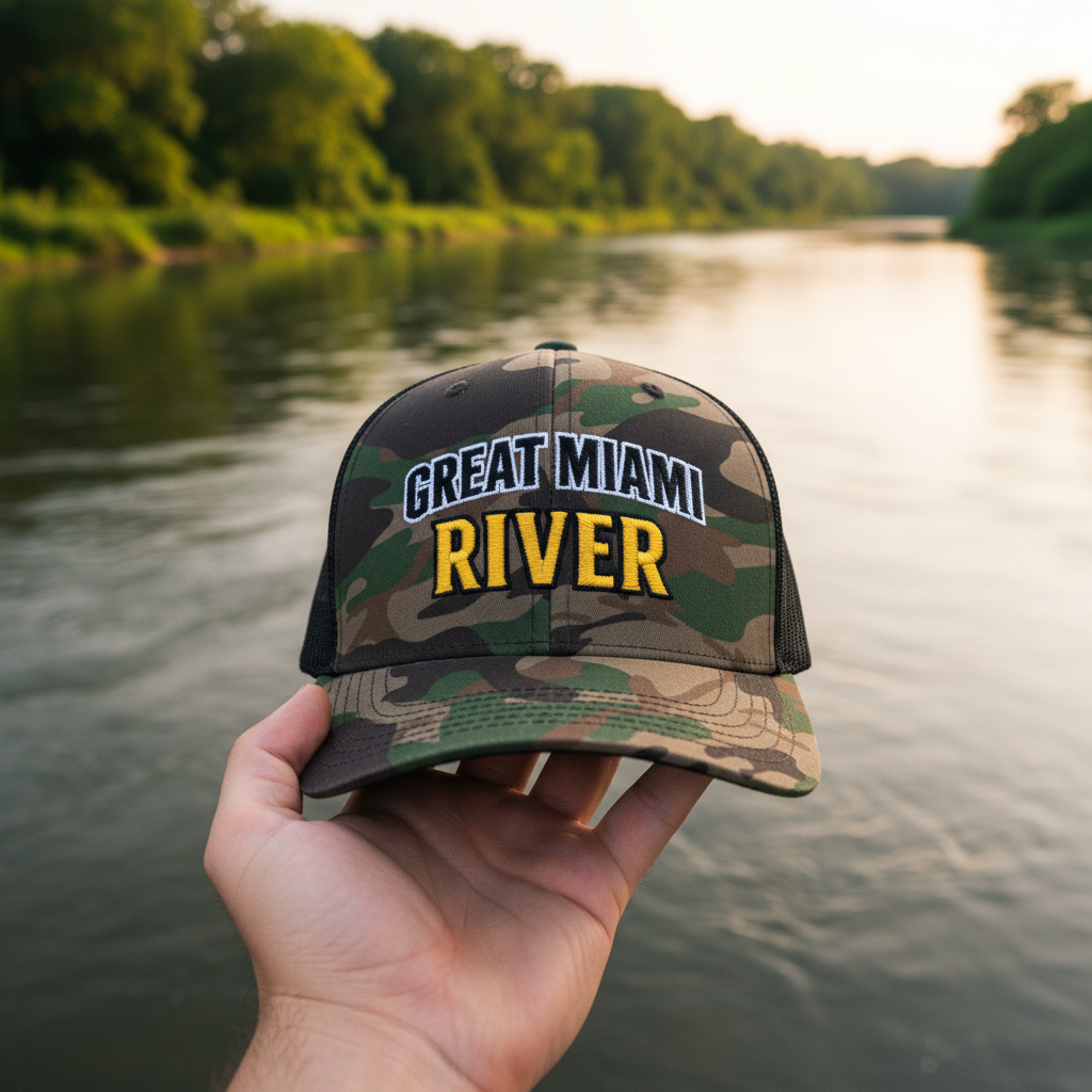Great Miami River camo trucker hat hand held