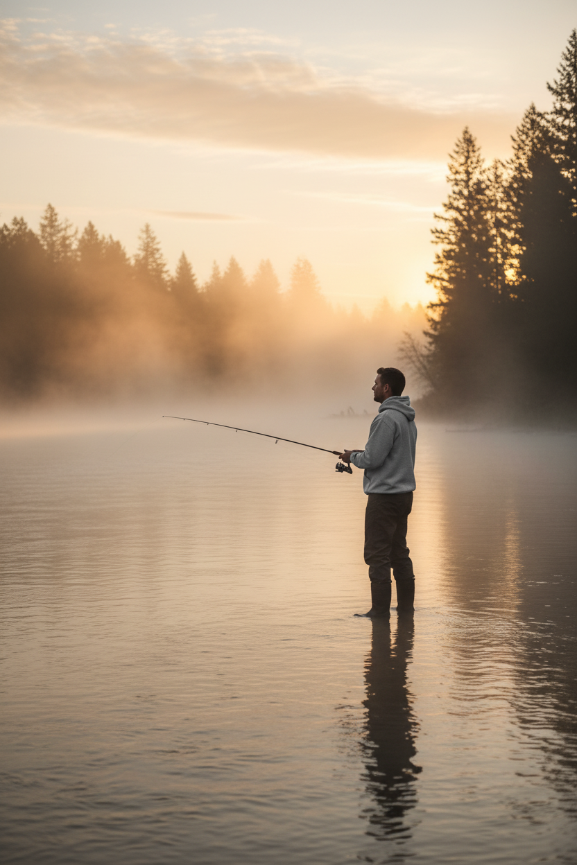 Him at the river at dawn in the Reel World Hoodie