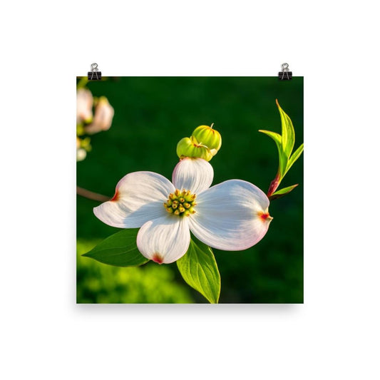 Dogwood Flower Wall Art Print – White Woodland Blooms – Nature Photography – Botanical Home Decor – Square Floral Poster – Green & White Art