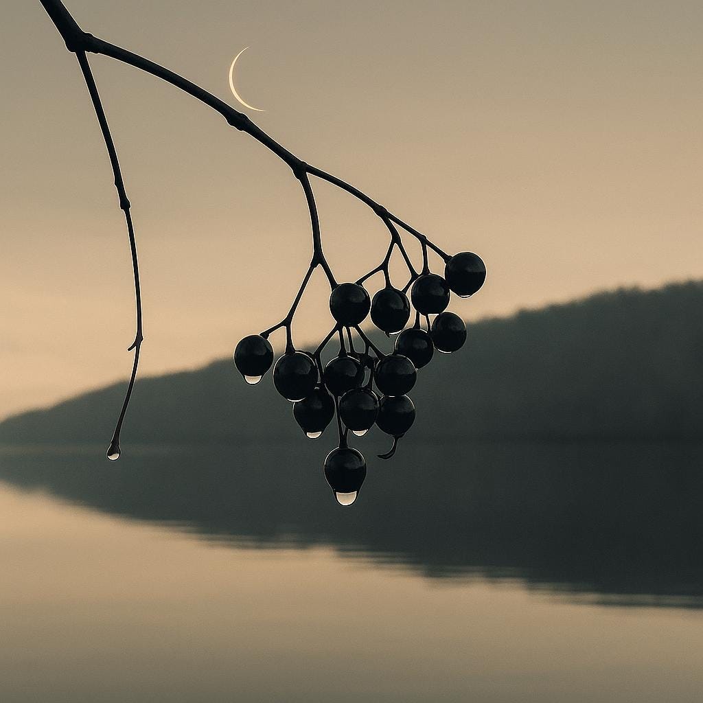 Winter Berries No.1 – Minimalist Nature Art with Water Droplets & Soft Morning Sky
