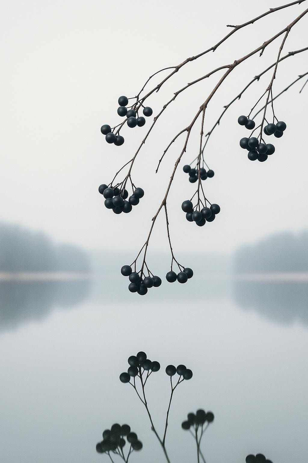 Winter Berries No.3 – Calm Lake Reflection Photography – Minimalist Winter Branch Nature Wall Art – Digital Download Print