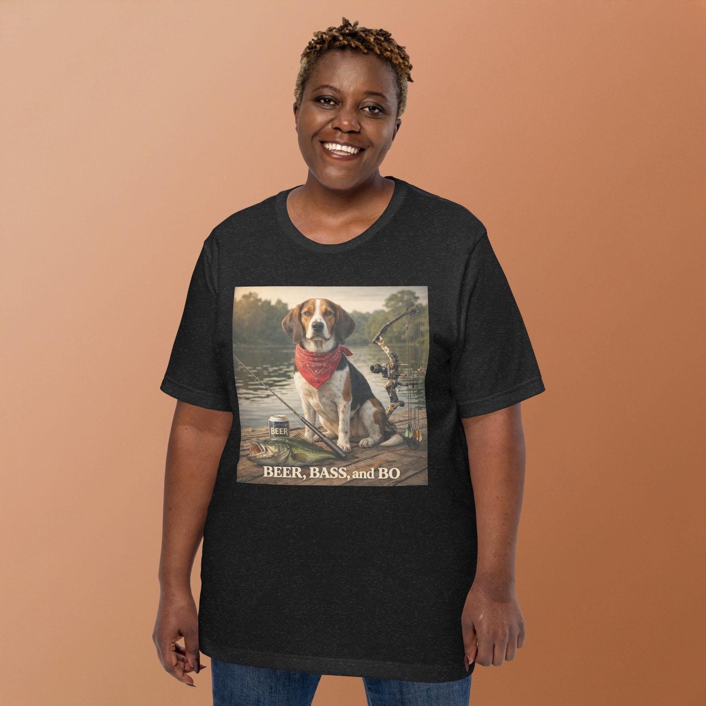 Beer Bass & Bo Fishing Dog T-Shirt Funny Hunting Outdoors Tee