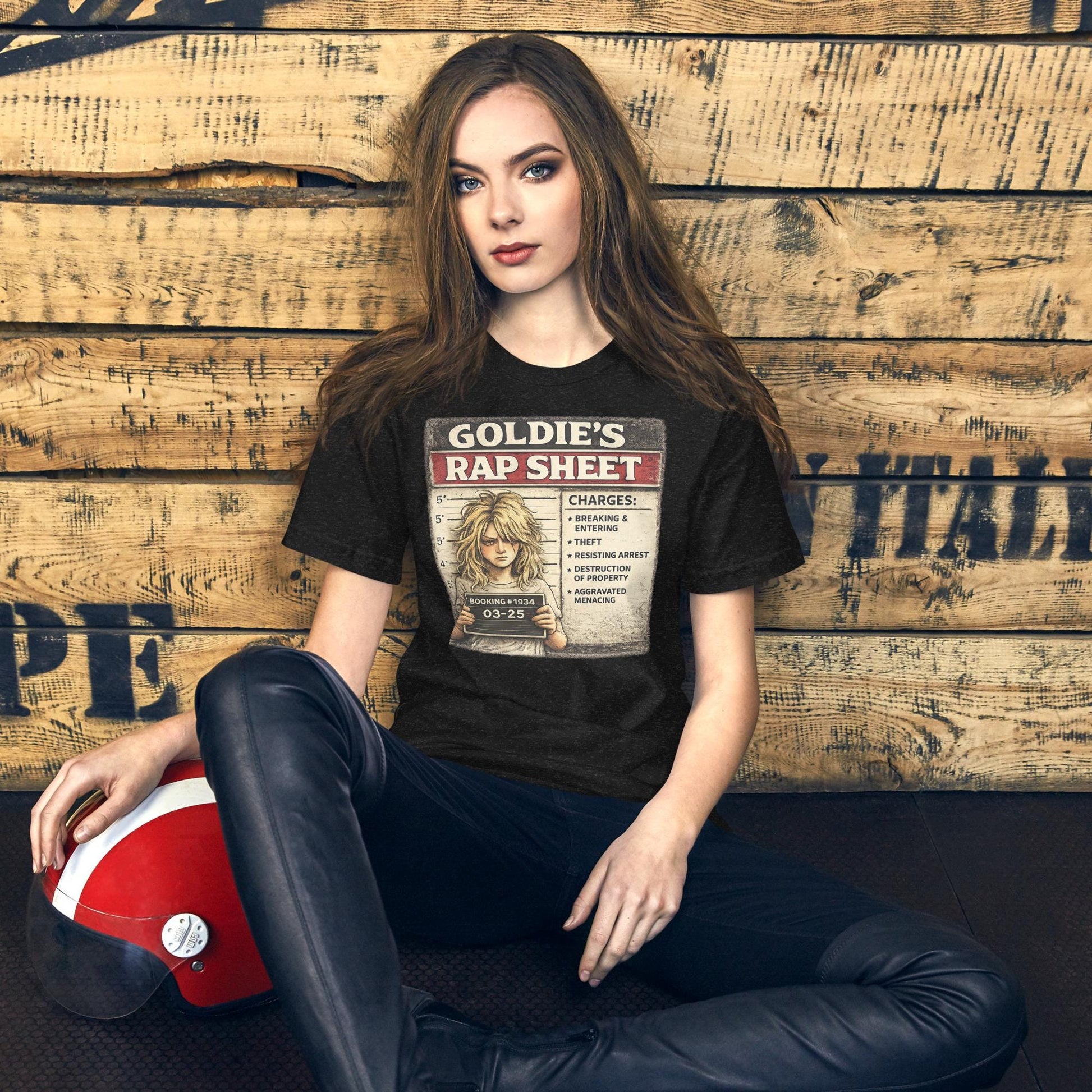 Goldie’s Rap Sheet Shirt, Funny Blonde Mugshot Tee, Sarcastic Crime Parody Shirt, Troublemaker Graphic T-Shirt