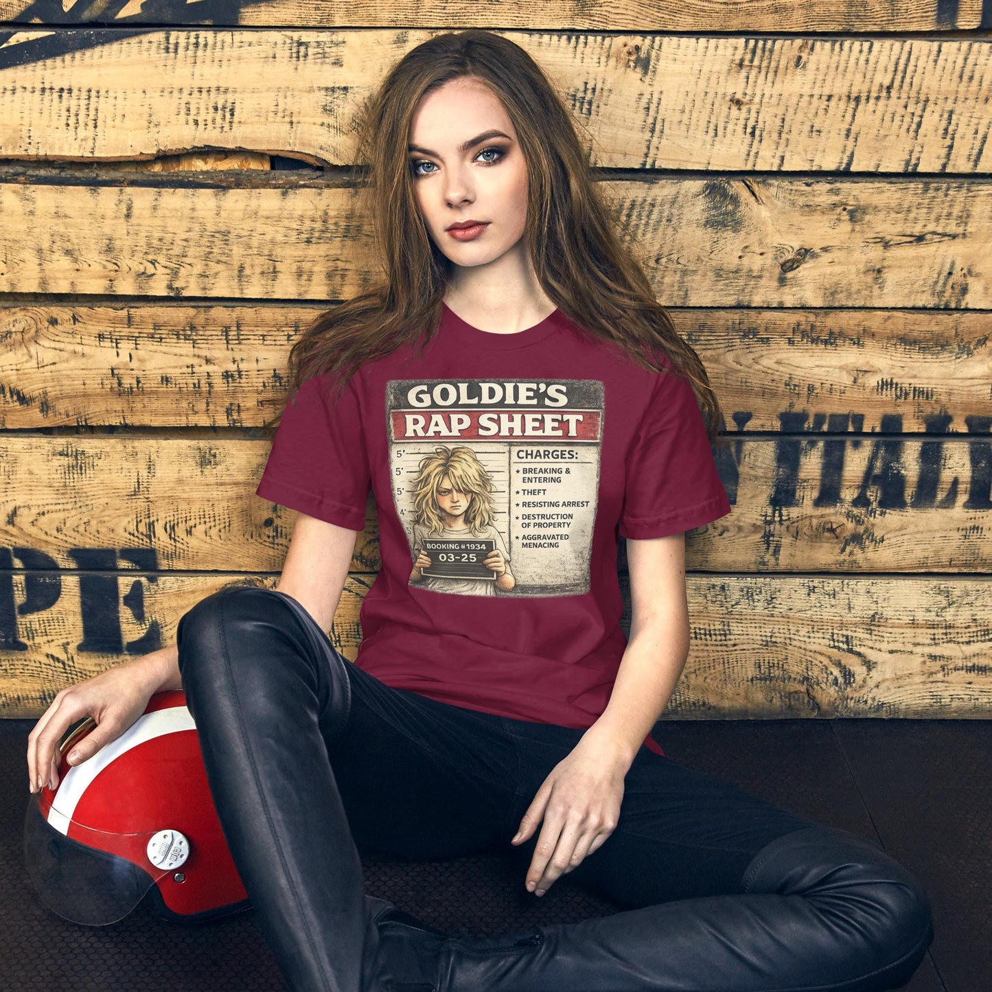 Goldie’s Rap Sheet Shirt, Funny Blonde Mugshot Tee, Sarcastic Crime Parody Shirt, Troublemaker Graphic T-Shirt