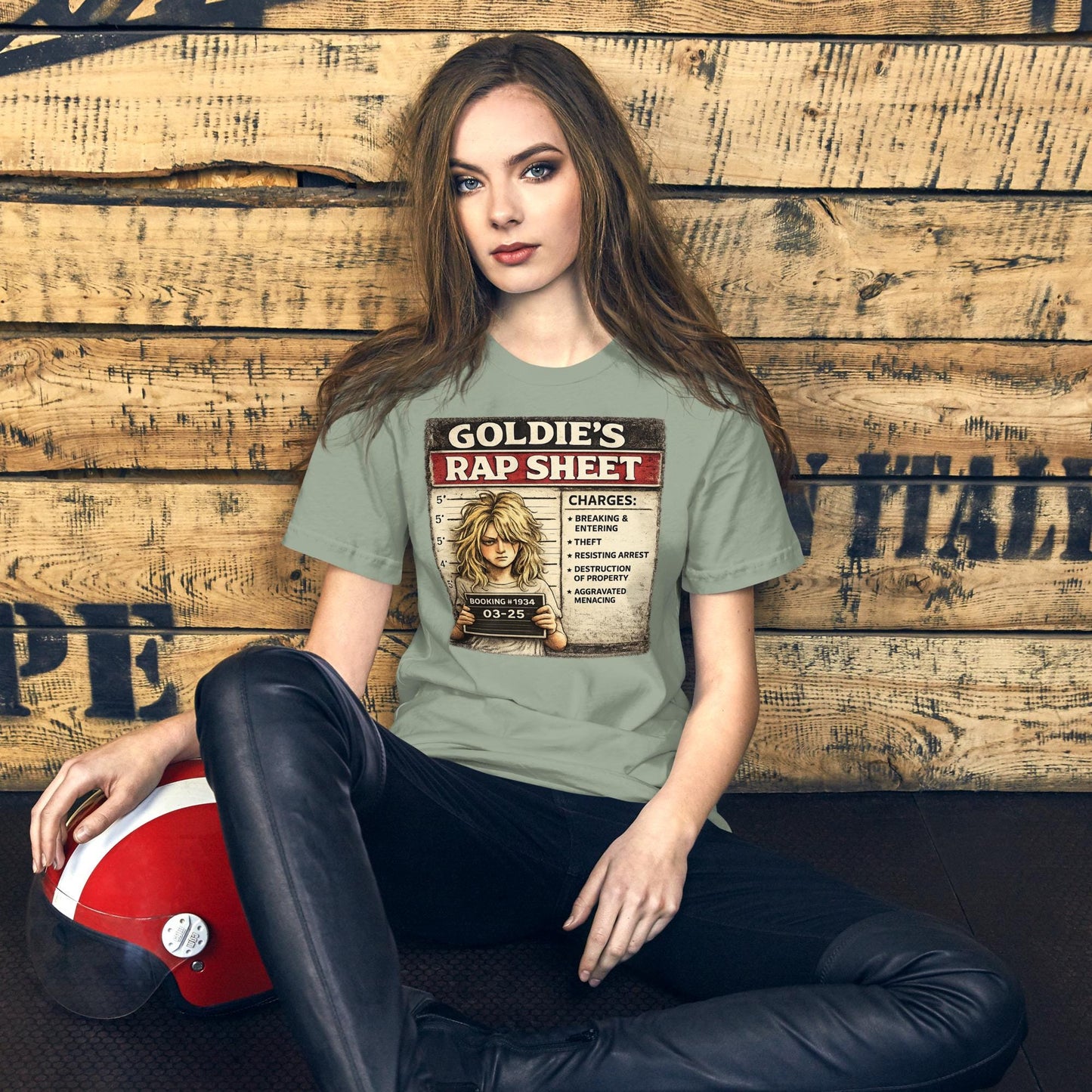 Goldie’s Rap Sheet Shirt, Funny Blonde Mugshot Tee, Sarcastic Crime Parody Shirt, Troublemaker Graphic T-Shirt