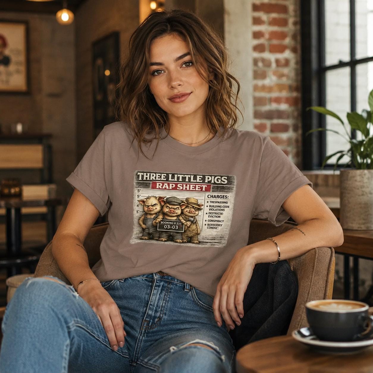 Three Little Pigs Rap Sheet Shirt, Funny Fairy Tale Mugshot Tee, Pig Humor Graphic T-Shirt