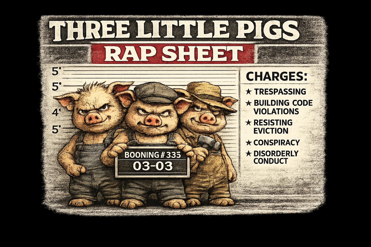 Three Little Pigs Rap Sheet Shirt, Funny Fairy Tale Mugshot Tee, Pig Humor Graphic T-Shirt