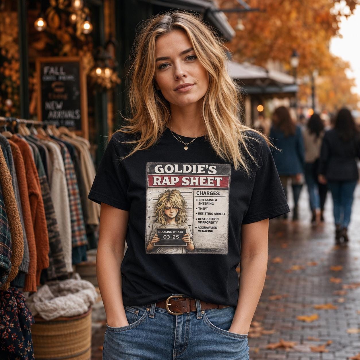 Goldie’s Rap Sheet Shirt, Funny Blonde Mugshot Tee, Sarcastic Crime Parody Shirt, Troublemaker Graphic T-Shirt