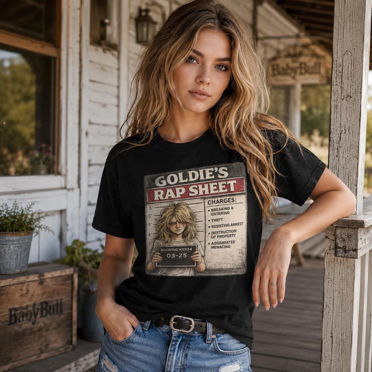 Goldie’s Rap Sheet Shirt, Funny Blonde Mugshot Tee, Sarcastic Crime Parody Shirt, Troublemaker Graphic T-Shirt