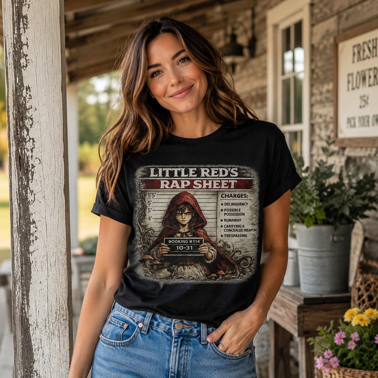 Little Red’s Rap Sheet Shirt, Funny Riding Hood Mugshot Tee, Dark Fairy Tale Graphic T-Shirt