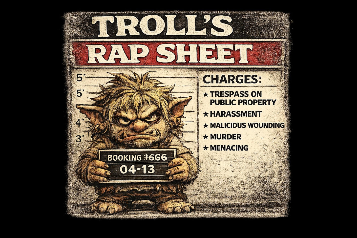Troll’s Rap Sheet Shirt, Funny Troll Mugshot Tee, Dark Humor Monster Shirt, Sarcastic Graphic T-Shirt