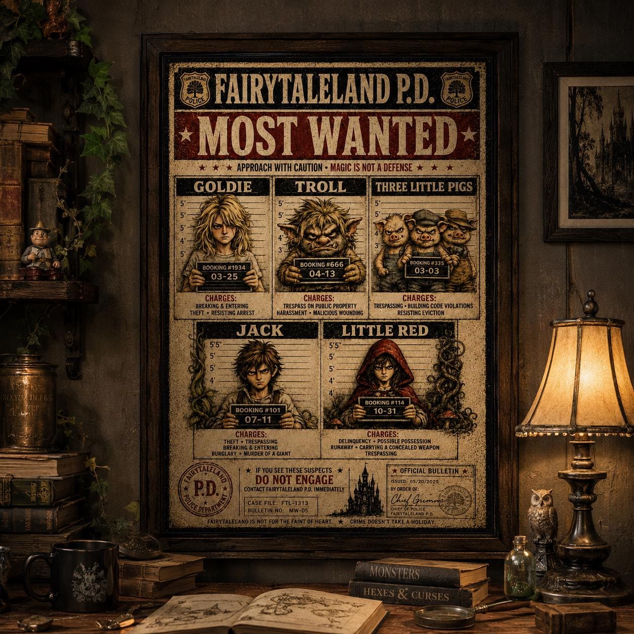 FairyTaleLand P.D. Most Wanted Poster, Funny Fairy Tale Mugshot Wall Art, Dark Storybook Police Bulletin