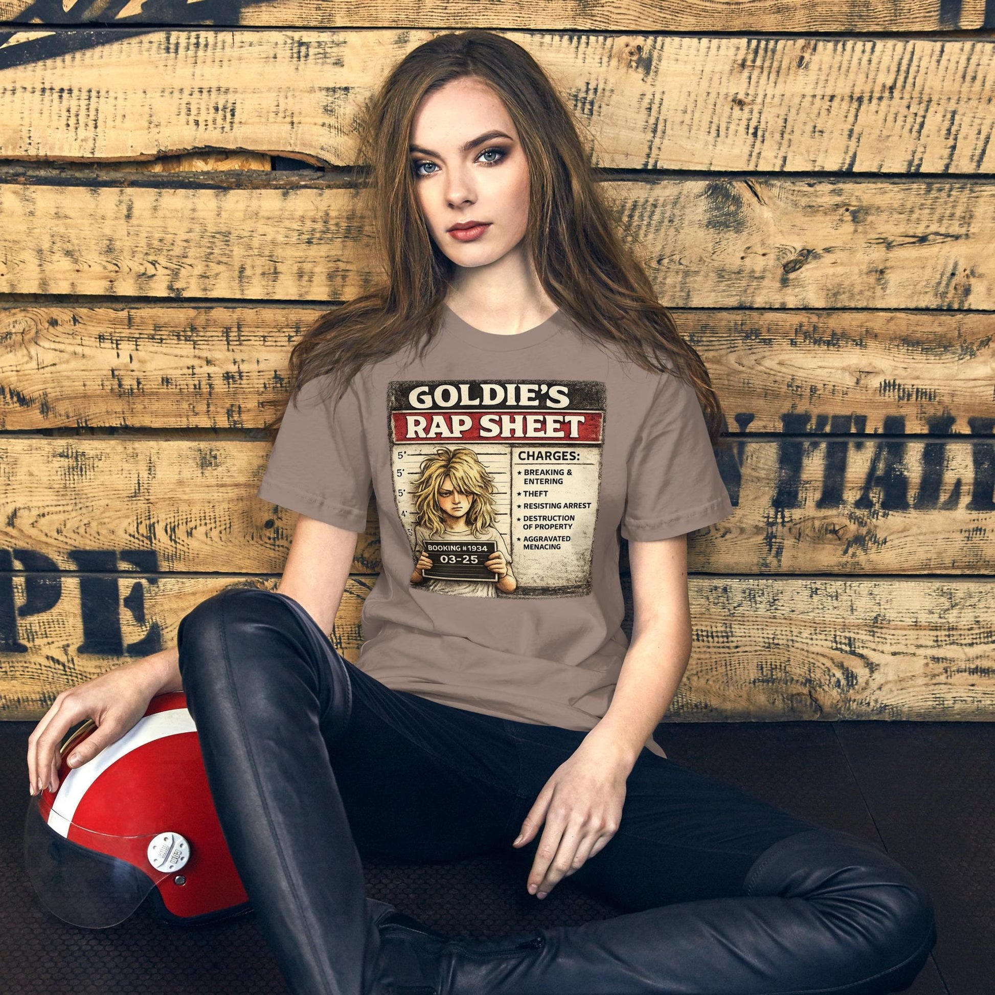 Goldie’s Rap Sheet Shirt, Funny Blonde Mugshot Tee, Sarcastic Crime Parody Shirt, Troublemaker Graphic T-Shirt