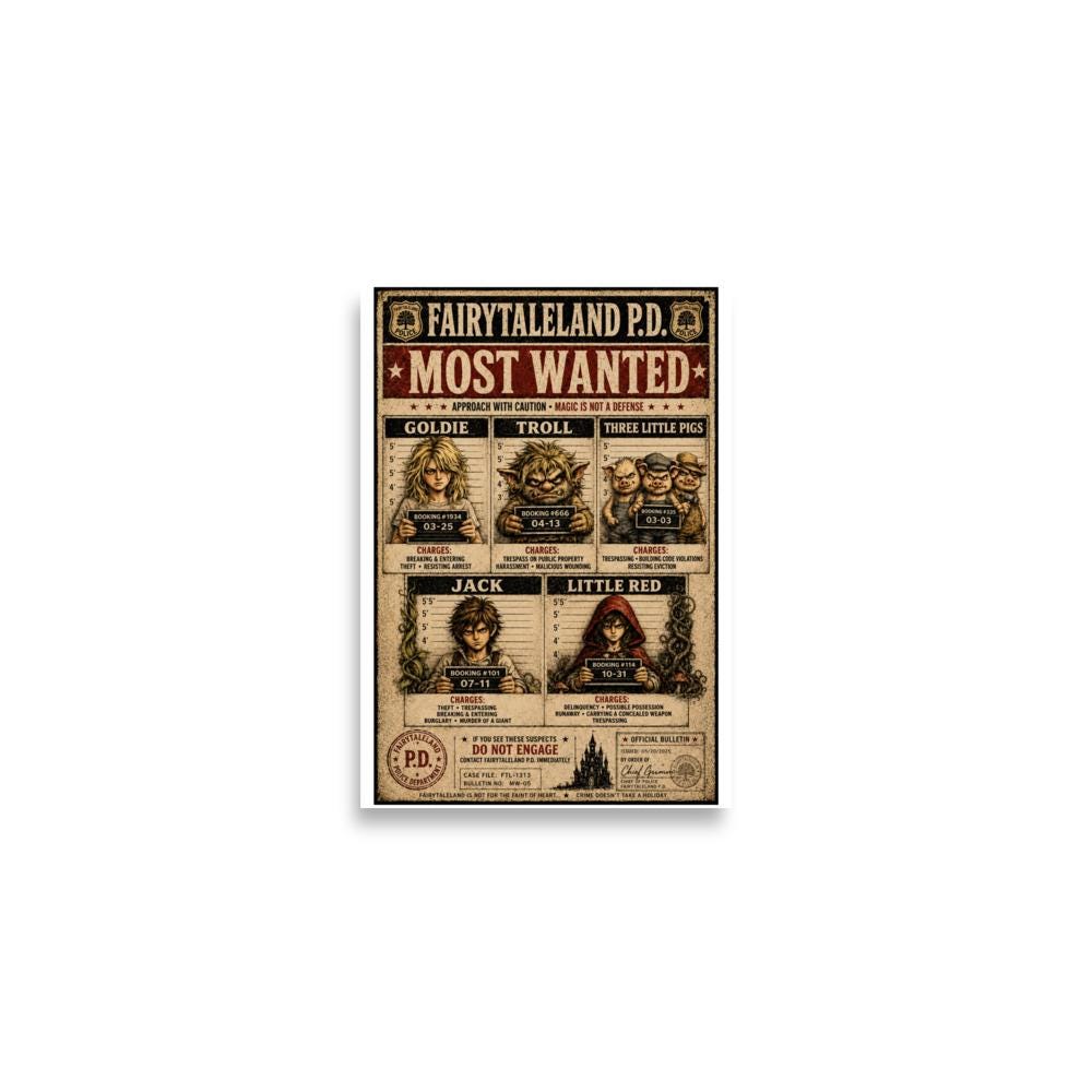 FairyTaleLand P.D. Most Wanted Poster, Funny Fairy Tale Mugshot Wall Art, Dark Storybook Police Bulletin