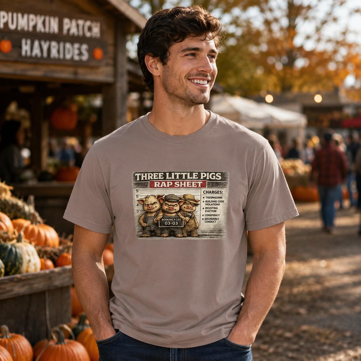 Three Little Pigs Rap Sheet Shirt, Funny Fairy Tale Mugshot Tee, Pig Humor Graphic T-Shirt