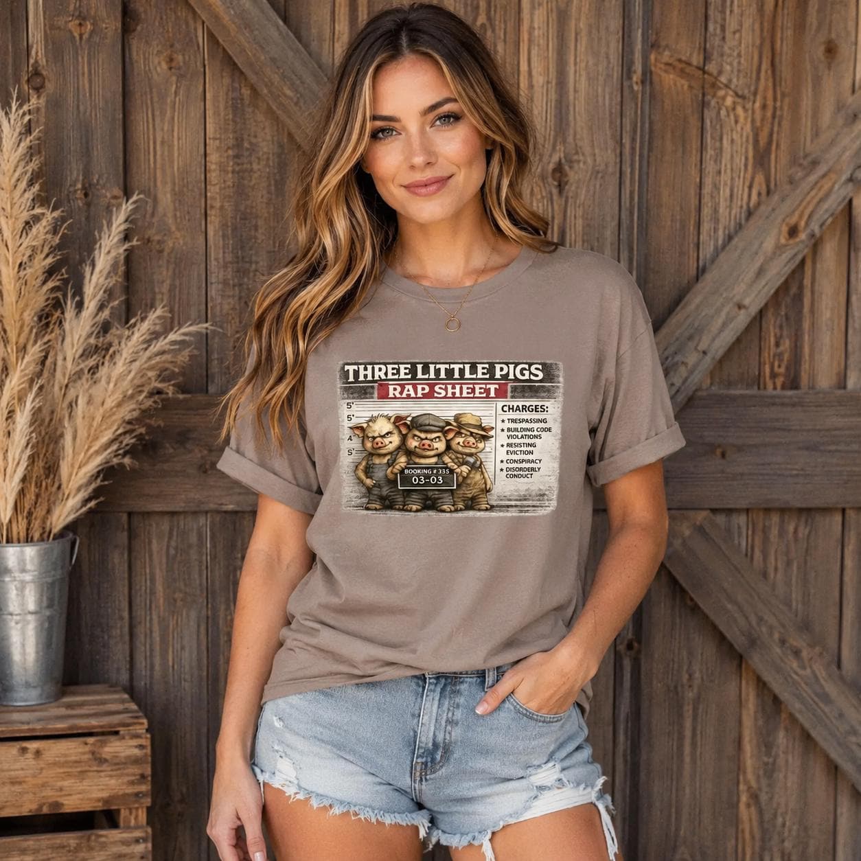 Three Little Pigs Rap Sheet Shirt, Funny Fairy Tale Mugshot Tee, Pig Humor Graphic T-Shirt