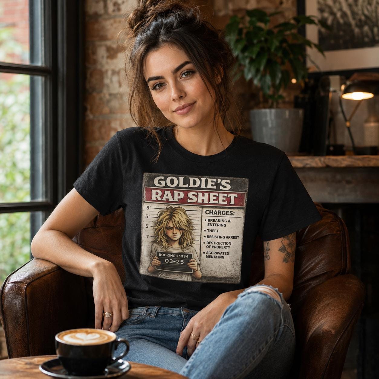 Goldie’s Rap Sheet Shirt, Funny Blonde Mugshot Tee, Sarcastic Crime Parody Shirt, Troublemaker Graphic T-Shirt