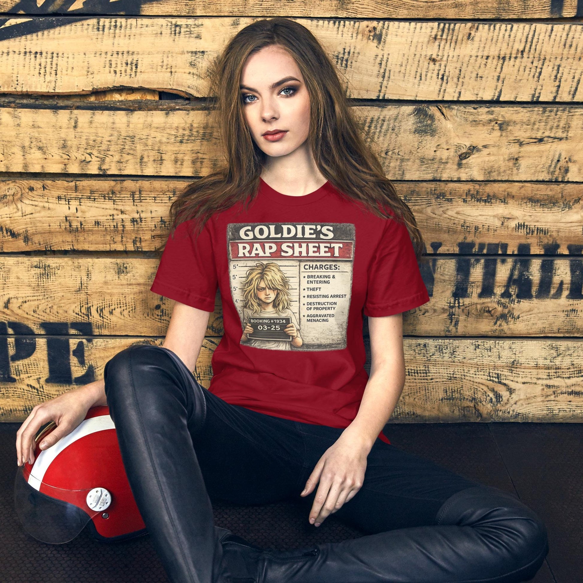 Goldie’s Rap Sheet Shirt, Funny Blonde Mugshot Tee, Sarcastic Crime Parody Shirt, Troublemaker Graphic T-Shirt