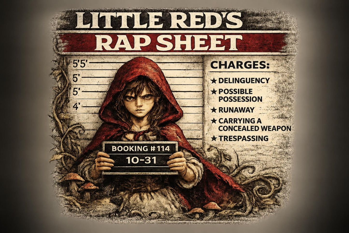 Little Red’s Rap Sheet Shirt, Funny Riding Hood Mugshot Tee, Dark Fairy Tale Graphic T-Shirt