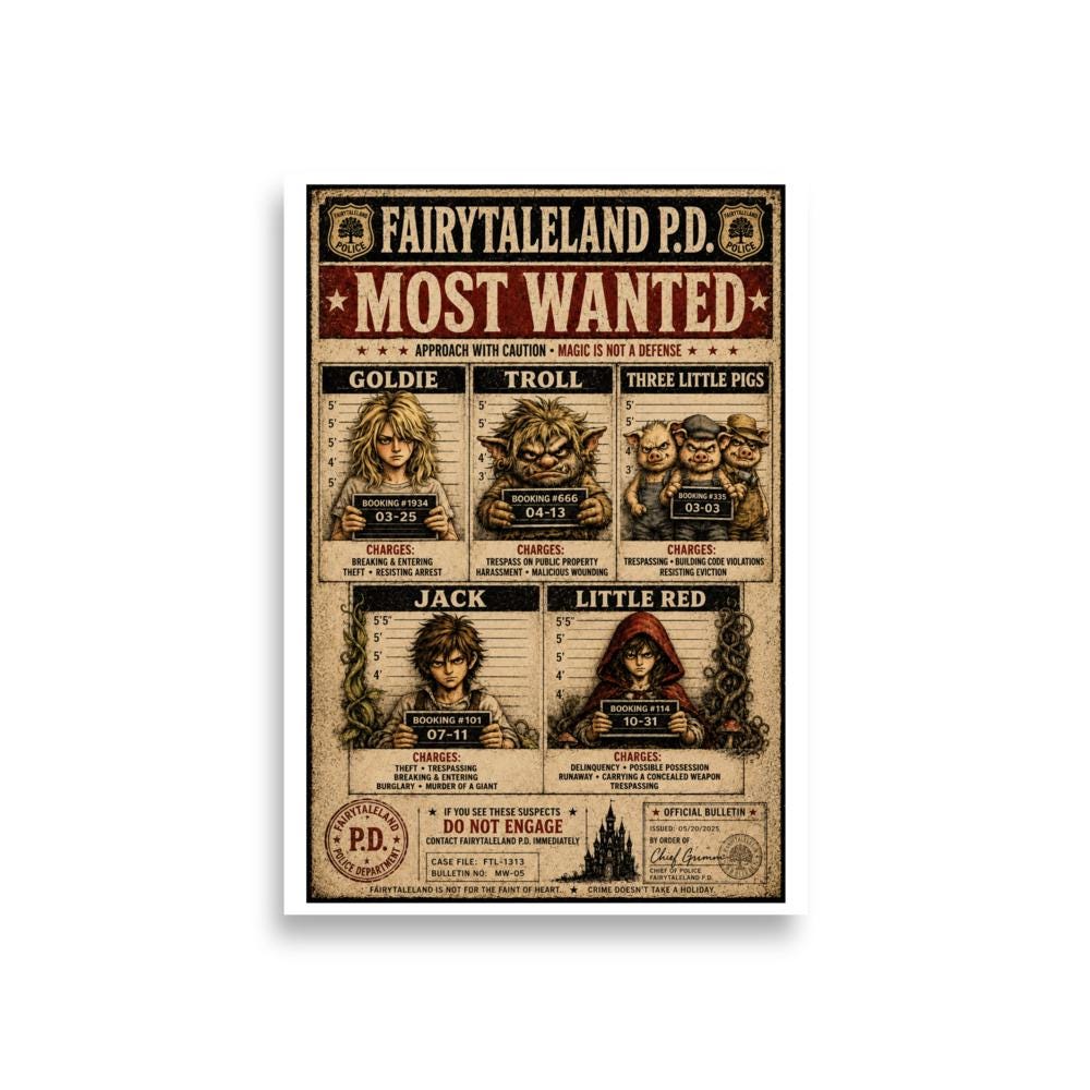FairyTaleLand P.D. Most Wanted Poster, Funny Fairy Tale Mugshot Wall Art, Dark Storybook Police Bulletin