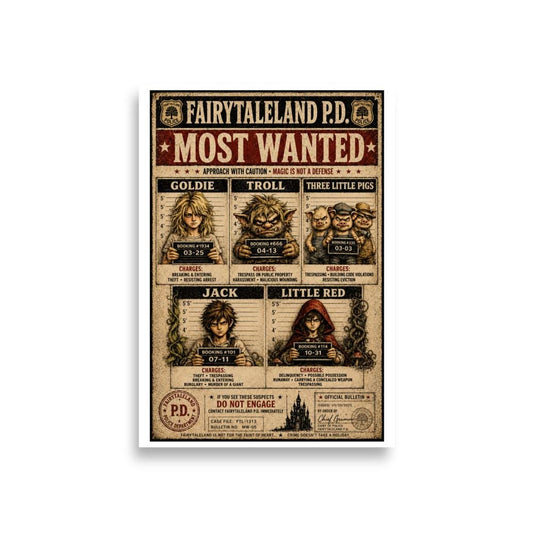 FairyTaleLand P.D. Most Wanted Poster, Funny Fairy Tale Mugshot Wall Art, Dark Storybook Police Bulletin
