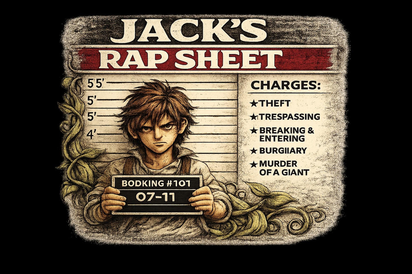 Jack’s Rap Sheet Shirt, Funny Jack and the Beanstalk Tee, Fairy Tale Mugshot Graphic Shirt, Dark Humor T-Shirt