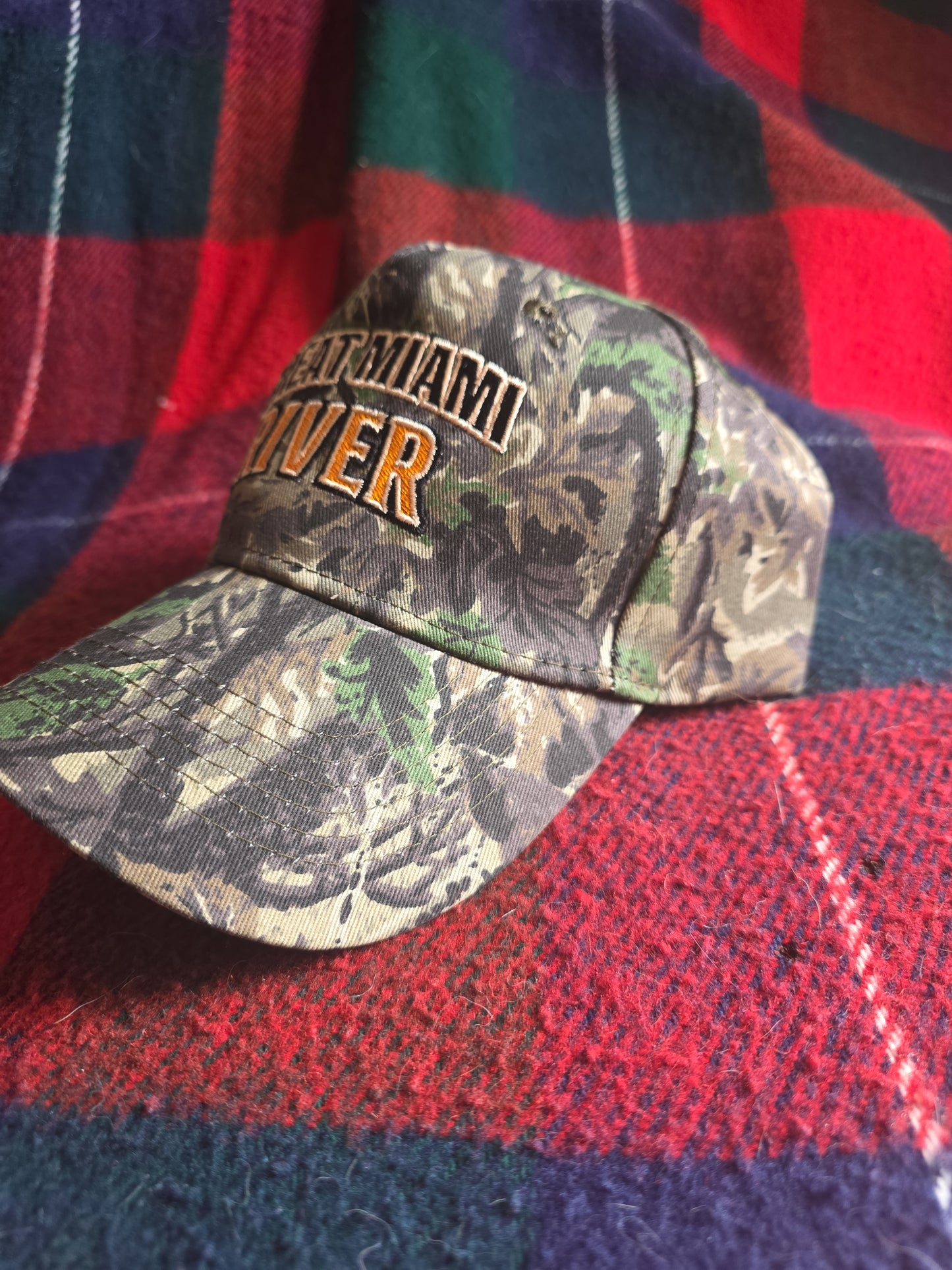 Great Miami River Fishing Hat – PROMO Ohio Camo Angler Cap – Midwest Fisherman Gift EMBROIDERED