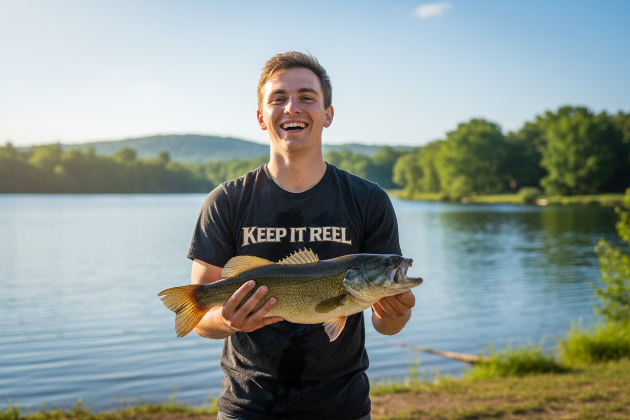 Person wearing Keep It Reel black tee holding up a big fish at a sunny lake