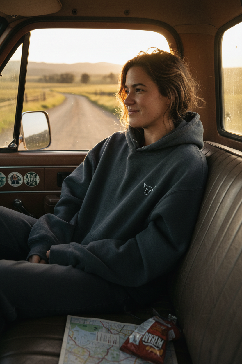 She found the Antepenultimate Stealable Hoodie behind the truck seat — window down, country road, not giving it back