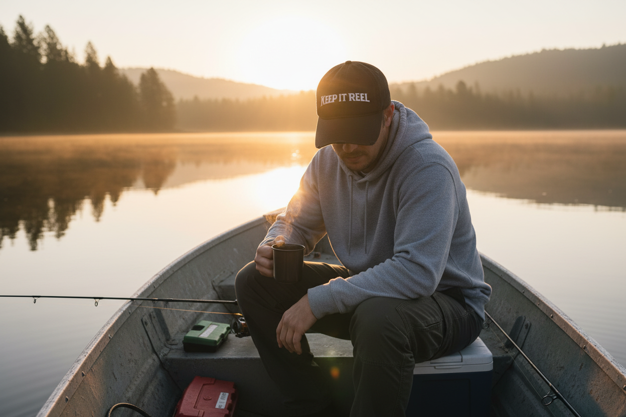 Person wearing Keep It Reel black dad hat sitting in a fishing boat at sunrise