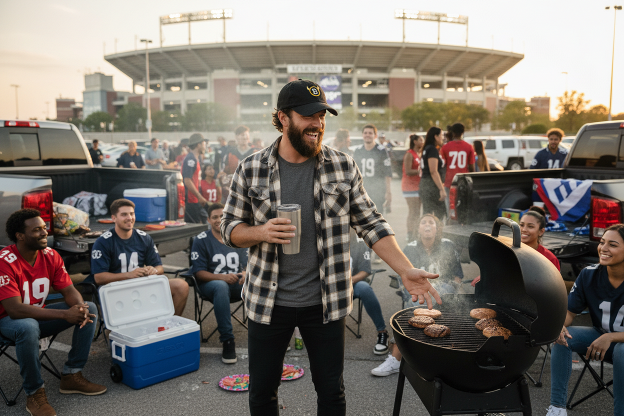 Person wearing Horned B black distressed dad hat at a tailgate with friends