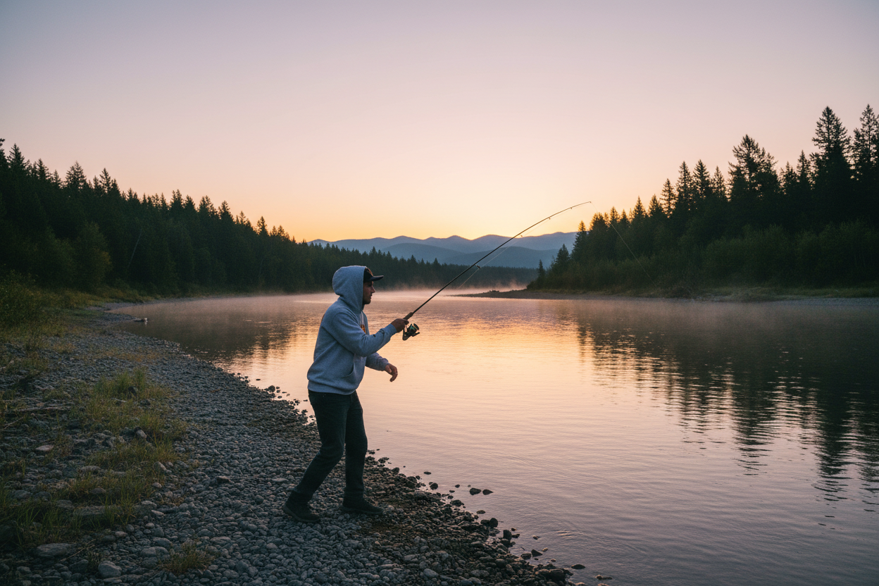 Person wearing Fishooon gray Champion hoodie casting a fishing line on a river bank at dawn