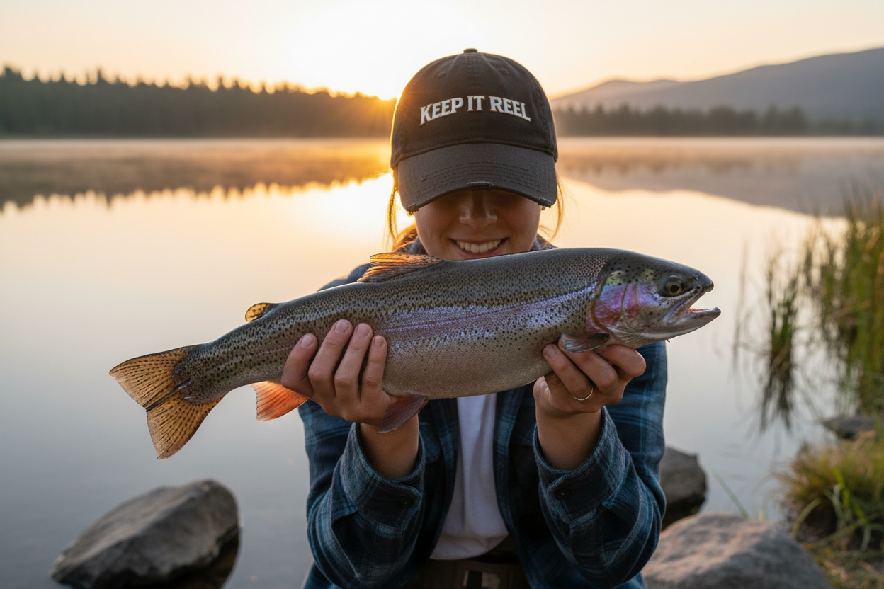 Person wearing Keep It Reel black dad hat holding a freshly caught fish