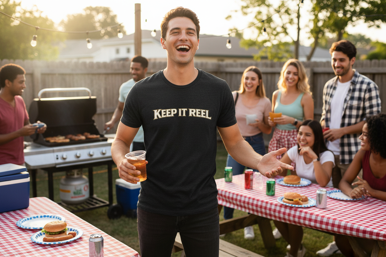 Person wearing Keep It Reel black tee hanging out with friends at a tailgate cookout