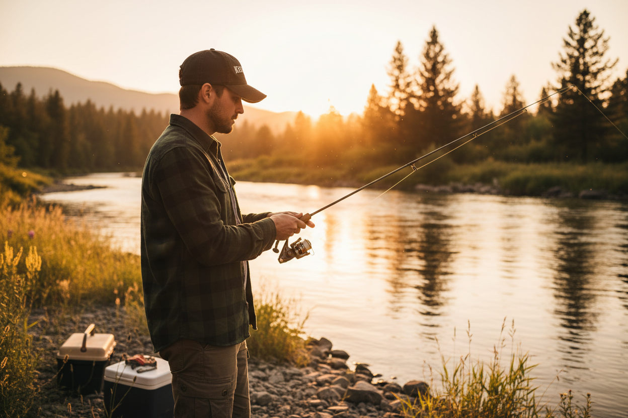Person wearing Keep It Reel black dad hat fishing on a river bank at golden hour