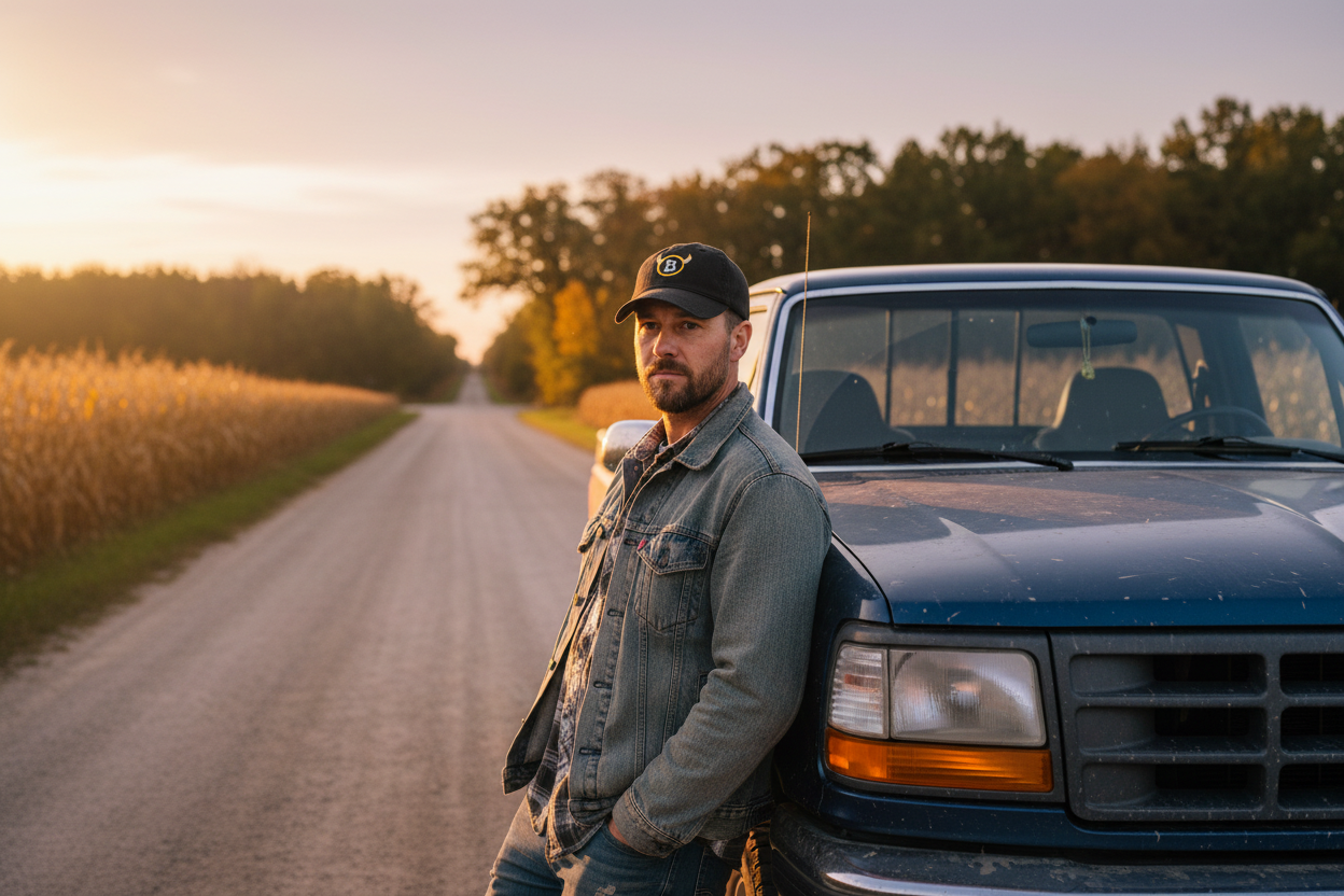 Person wearing Horned B black distressed dad hat leaning against a pickup truck on a rural Ohio road